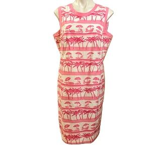 Talbots Vintage Cotton Pink Sheath Dress with Beach Scene Umbrella Size 16